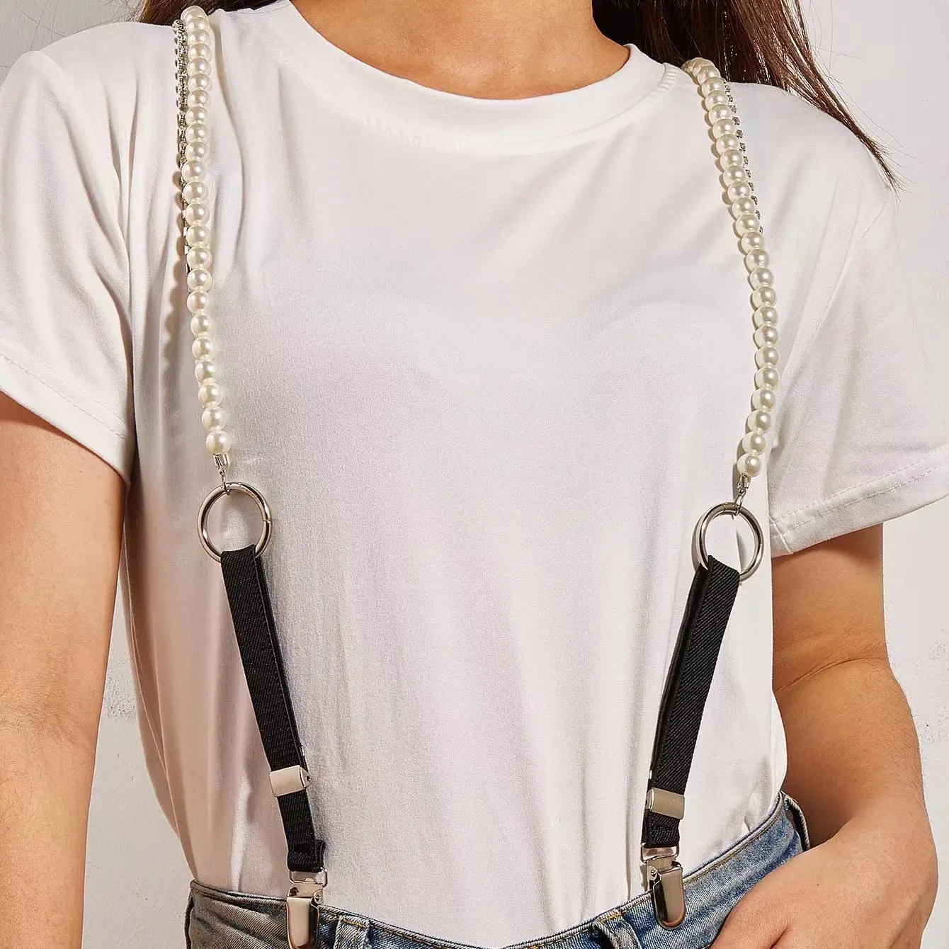 Skinny Rhinestone Crytal Silver Claw Beads Suspenders For Women Shirt Garters Rubber Elastic Belt Pearl Braces For Jeans Strap