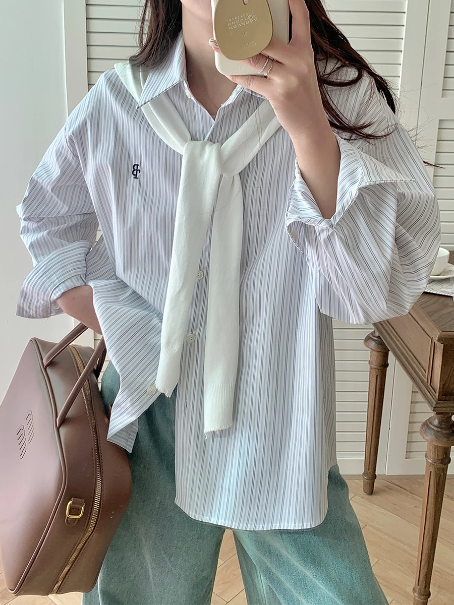 

Женский вязаный топ Uniko с длинным рукавом, повседневный, в полоску, белый, весенний, новый, модный, в корейском стиле, с воротником-стойкой