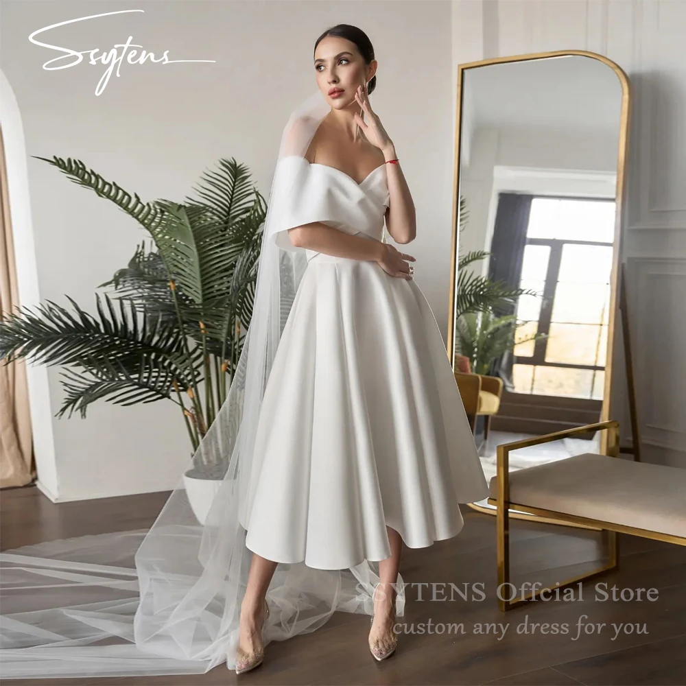 Vestidos de novia blancos para mujer, vestidos de novia sencillos con hombros descubiertos, vestido de novia de satén suave personalizado hasta el té especial