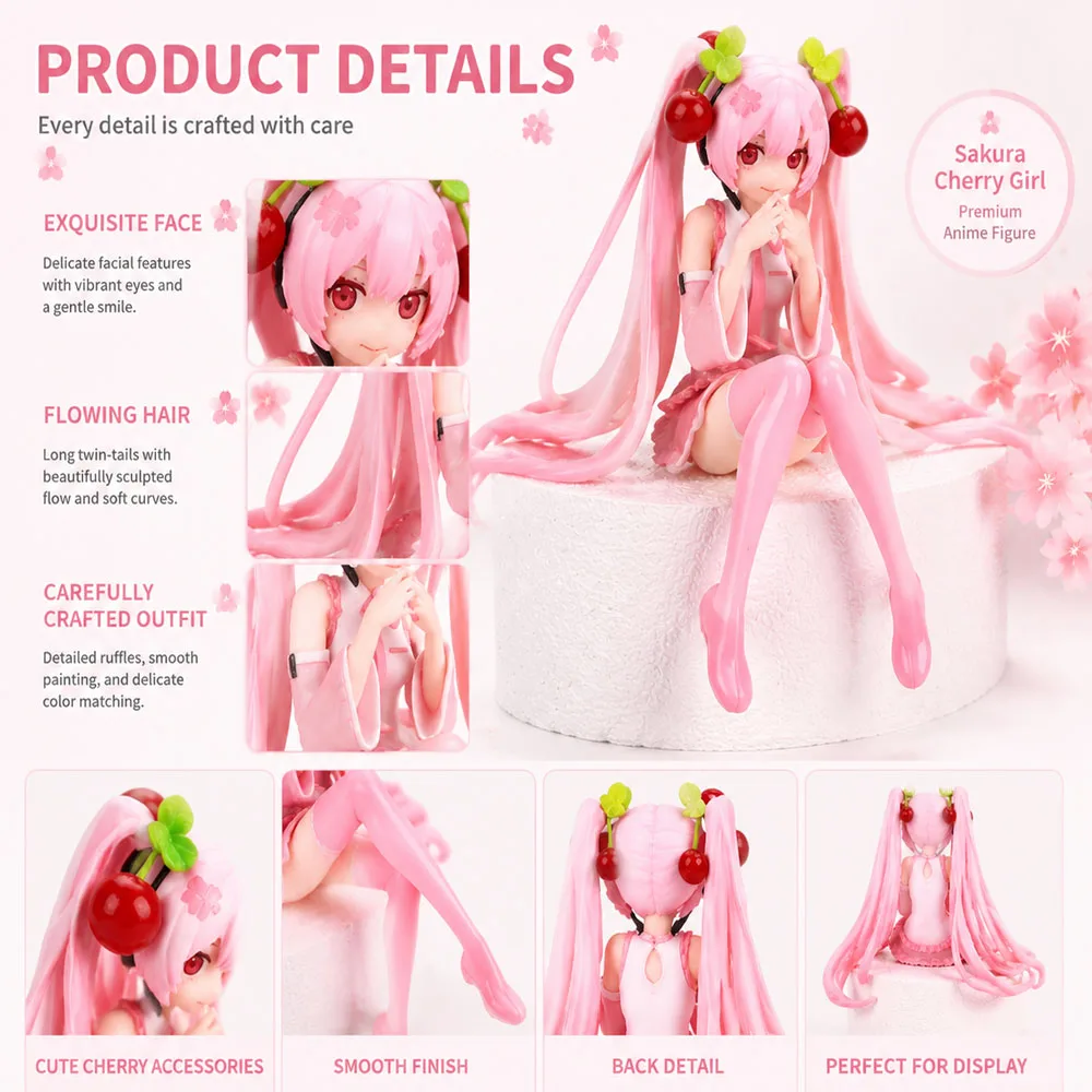 Hatsune Miku Anime Character Sitting Pink Dress PVC Dynamic Doll Model Toy Cherry Flower Decoration Handmade Collection Gift image 2