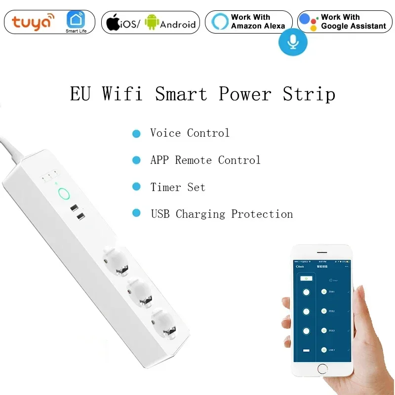 Wifi EU Smart Power Strip, 3 Outlets Plug 2 USB Charging Port Timing, Tuya App Life Voice Control, Works with Alexa Google Home