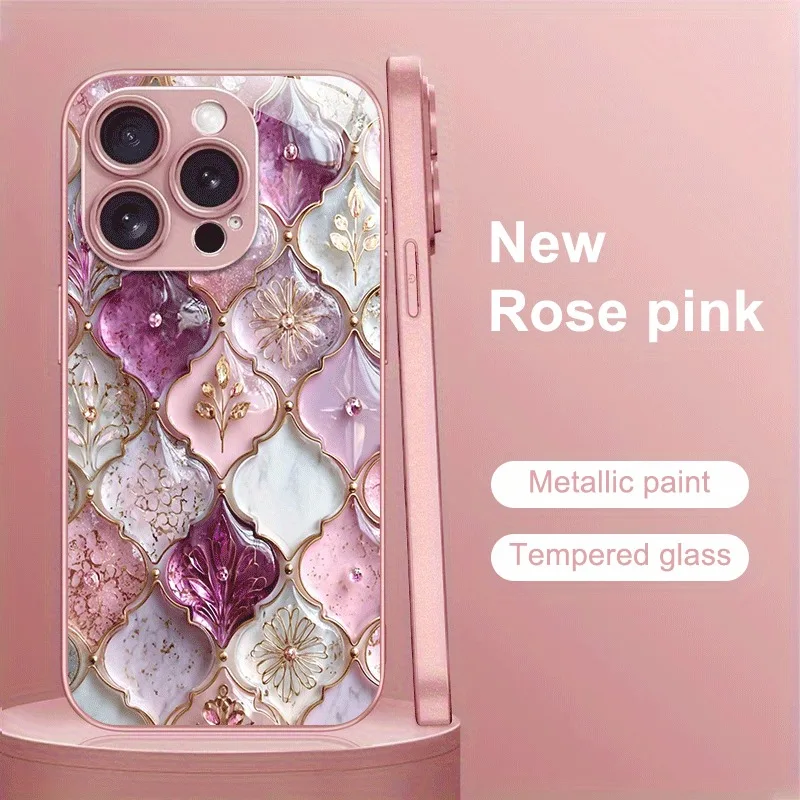 

Plaid Flower Pattern Pink Metallic Paint Glass Hard Phone Case For iPhone 17 15 16 Pro Max 11 12 13 14 Plus 16E 17Air Cover