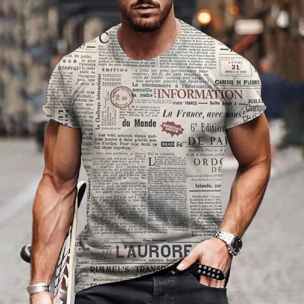 Classic Retro Old Newspaper Men\'s Printed T-shirt Casual Fashion Hip Hop Fun Loose Short Sleeve Street Trend Large Top