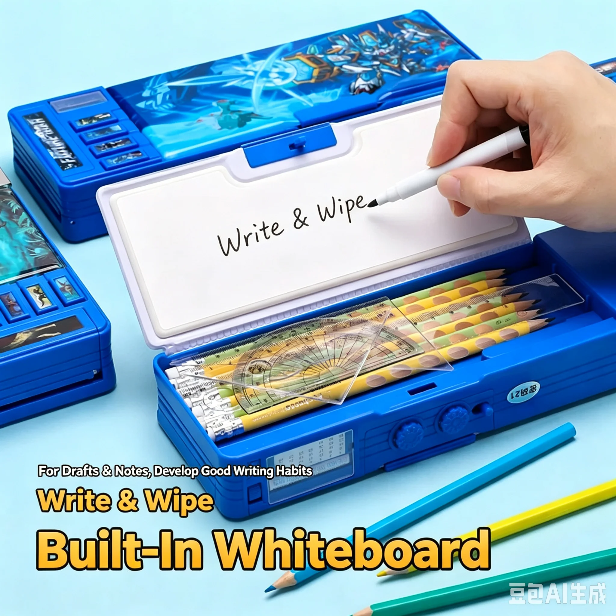 Increase The Upgraded Stationery Box Multi-function Button Magnetic Suction Pencil Case Large-capacity Double-sided Students