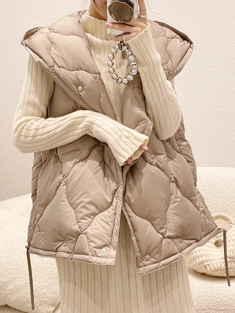 

Winter Knit Vest for Women White Duck Down Coat Female Hooded Single Breasted Sleeveless Vest Jacket Casual Lady Puffer Outwear