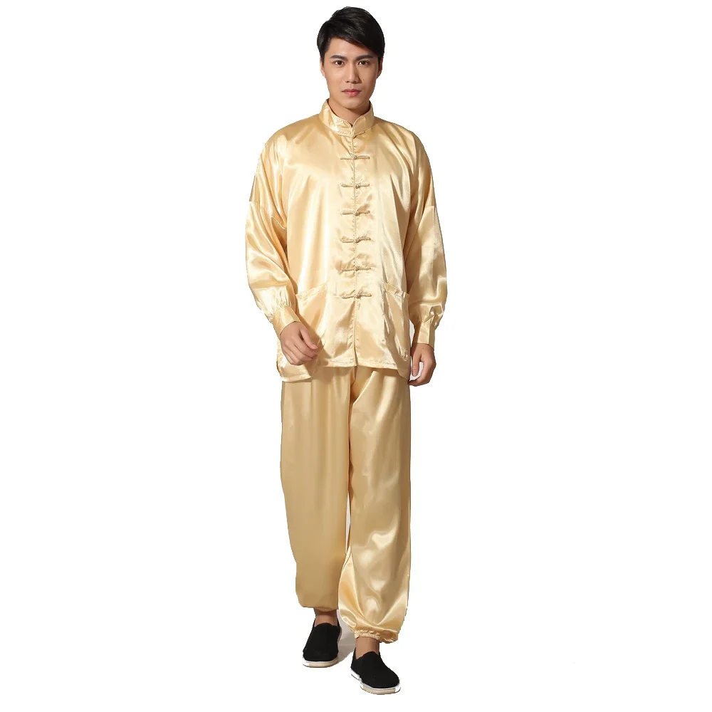 

Novelty Gold Men's Satin Pajamas Set Chinese Style Button Pyjamas Suit Soft Sleepwear Shirt&Trousers Nightgown M L XL XXL
