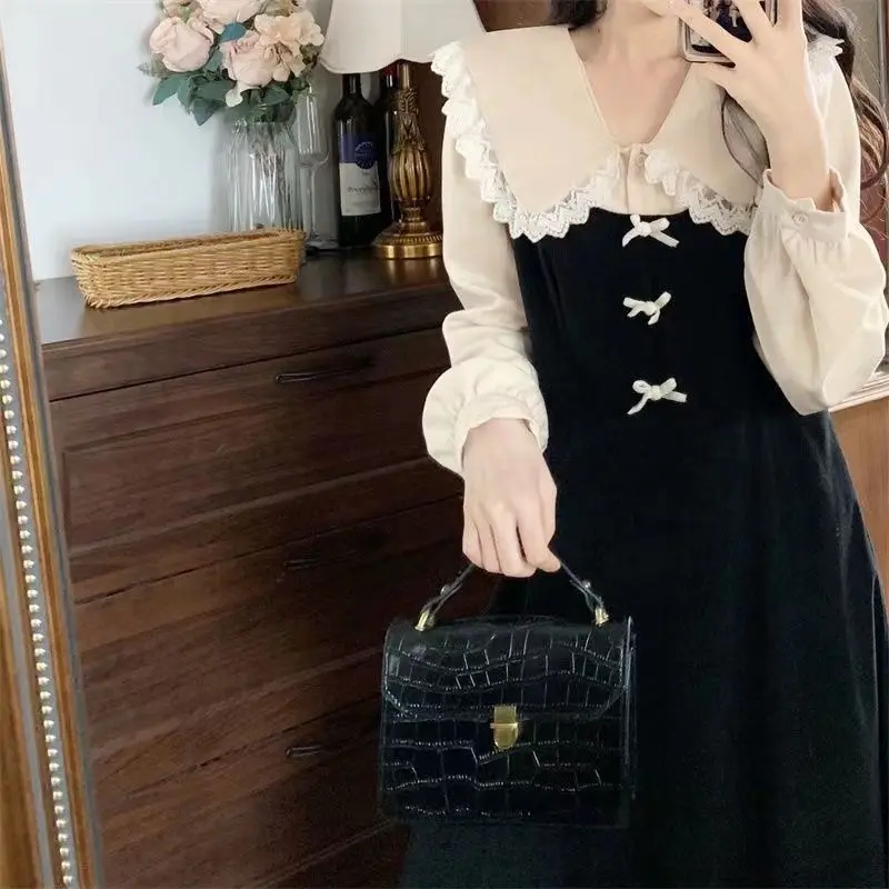 

Sweet Peter Pan Collar Lace Spliced Bow Fake Two Pieces Party Dress Female Clothing 2024 Spring New Loose Korean Midi Dress
