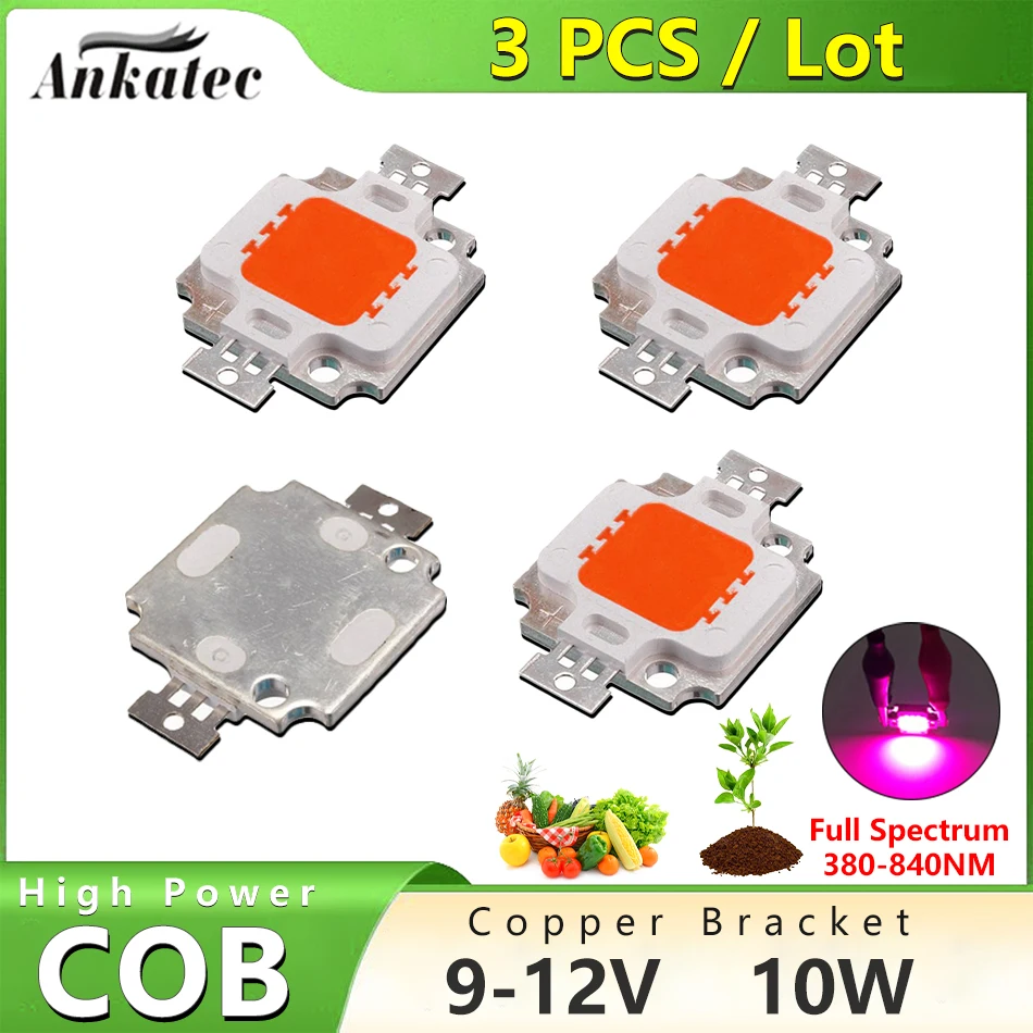 3 pcs/lot Full Spectrum 380-840nm LED COB Chip Lamp Beads 10W High Power 9-12V Copper Bracket for Greenhouse Plant Grow Light