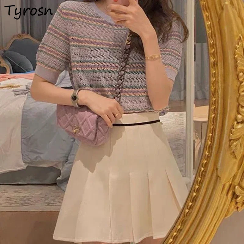 

Knitting Striped T-shirts Women Hollow Out Sweet Design Breathable Summer Tender Temperament Korean Style Ladies Casual Popular