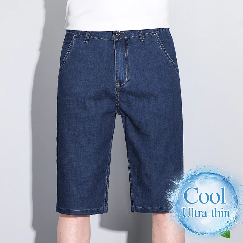 Summer Thin Soft Ice Silk Denim Shorts Men's Cool Comfort Loose Straight Short Jeans Fashion Knee-length Business Casual Pants