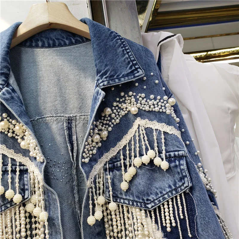 

Vintage Blue Heavy Work Beading Tassels Denim Jacket Women Cowboy Outerwear Loose Short Three Quarter Sleeve Jeans Jacket Female