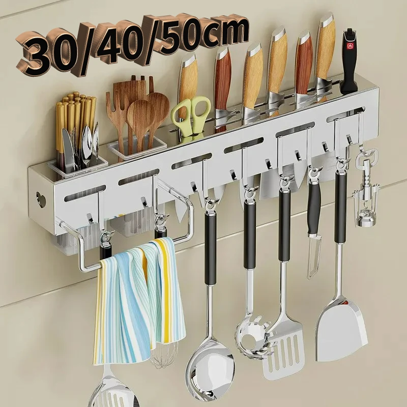 Hot Stainless Steel Kitchen Storage Rack Wall-mounted Multifunctional Storage Knife Rack with Multiple Brackets and Hooks