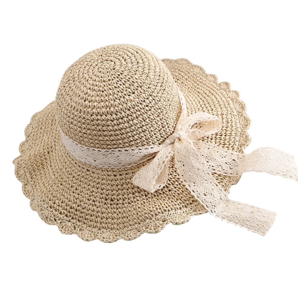 البيج مقوس دانتيل القش واسعة حافة الشمس حماية قبعة قابلة للطي الصيف قبعة للشاطئ حجم M 56-58 سنتيمتر المشي لمسافات طويلة التخييم في الهواء الطلق