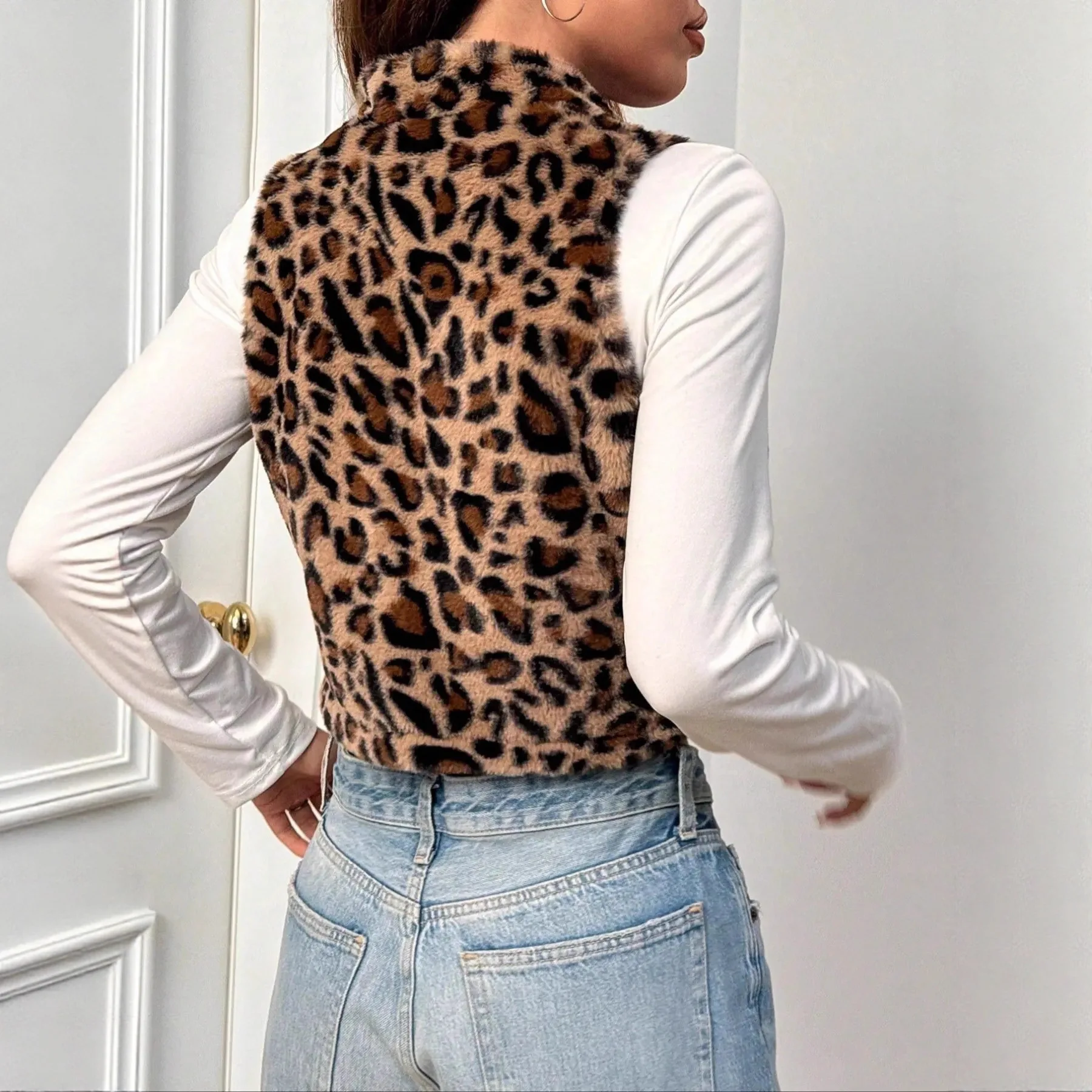 Autumn Winter Leopard Print Plush Vest European American Casual Fashion Street Style Women's Stand Up Collar Slim Vest Coat