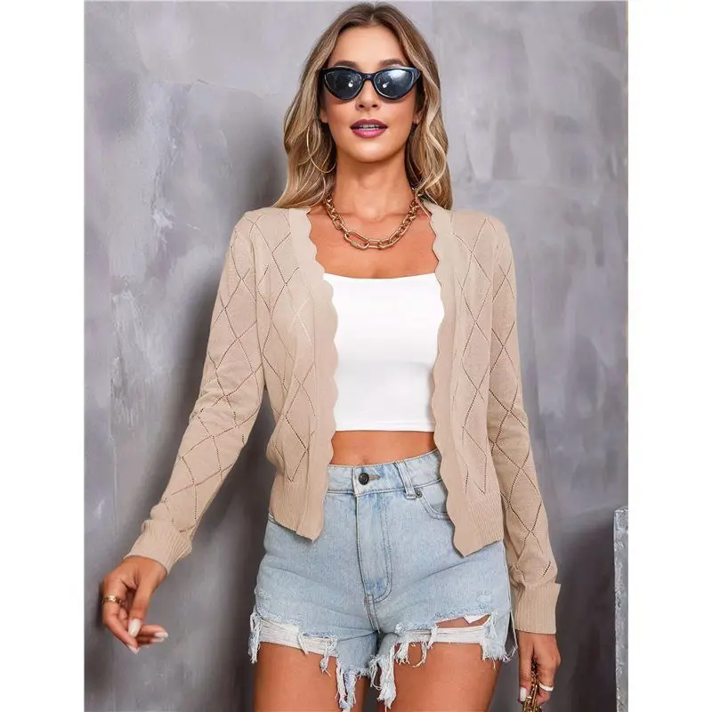 CYL-Women's Long Sleeve Cropped Cardigan Sweaters Open Front Hollow Out Shrugs