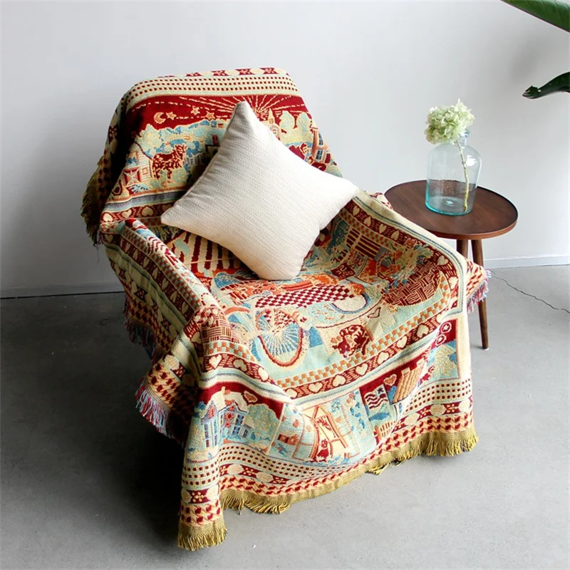 Boho Floral Printed Farmhouse Decorative Bed Blankets Vintage Aztec Fringed Throwing Blanket Sofa Cover Carpet Bed Home Textile