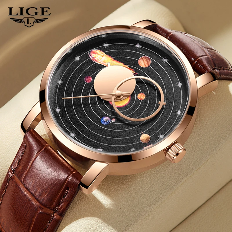 LIGE Fashion Man Watch Luxury Famous Brand Solar System Universe Leather Watch for Men Military Sports Quartz Relogio Masculino