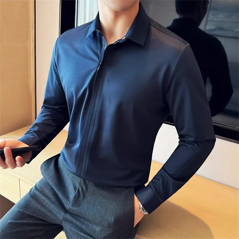 New High Quality Casual Shirt For Men Fashion Zipper Long Sleeve Solid Color Smart Casual Slim Fit Turn Down Collar Mens Blouse