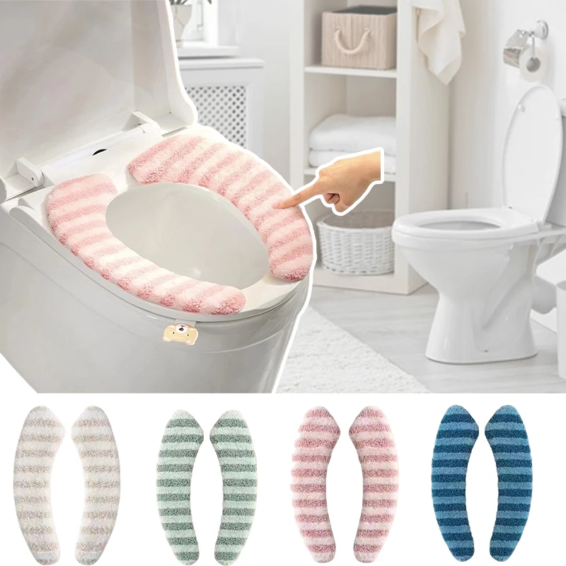 

2PCS Plush Washable Toilet Seat Cushion Cover Thickened Soft Winter Warm Toilet Mat Reusable Universal Fit Bathroom Accessories