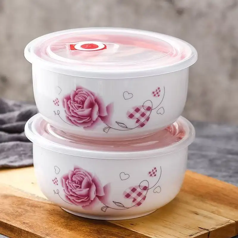 Microwave Oven Ceramic Food Container -Keeping Box Sealed Noodle Bowl round Shape No Partition for Refrigerator Use