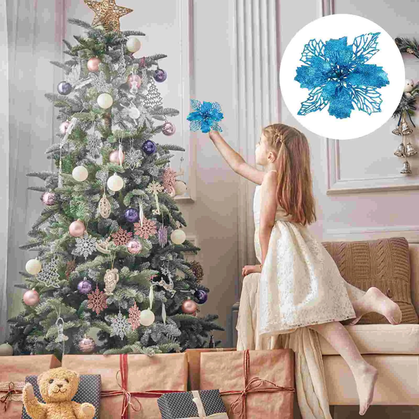 

Christmas Tree Garland Pendant Brown Decor Simulation Flower Decorate Artificial Flowers Fake Glitter Powder Ornament Hollow