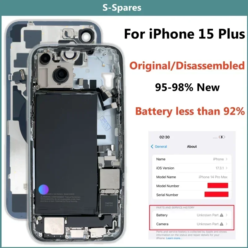 Original Disassembled Middle Housing, Back Cover Glass for iPhone 15 Plus, Battery Rear Camera, NFC Wireless Assembly, 95% New