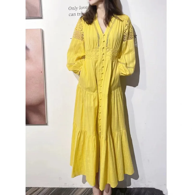 2023 woman new yellow maxi dress V-neck single-breasted puff sleeve patchwork elegant dresses for day and night party