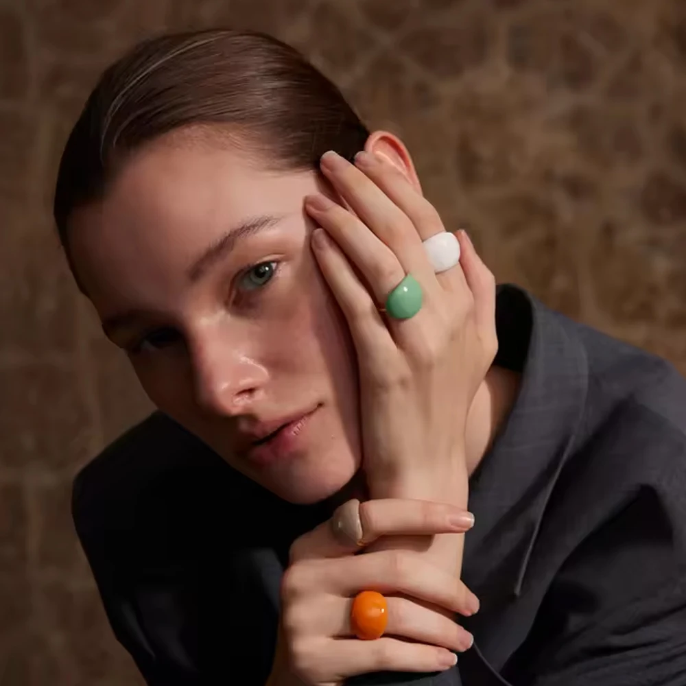 Edelstahl Mode Fröhlicher Candy-Ring Mehrfarbig Khaki Orange Blau Weiß Emaille-Ring Wasserdicht Verstellbarer Charm Sommer-Schmuck