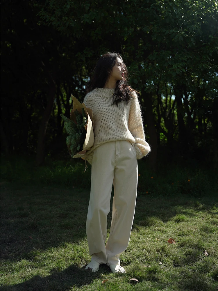 

Женские повседневные свободные джинсы ChillCozy, прямые брюки для города, осень-зима, хлопок, стрейч, на молнии, с завышенной талией