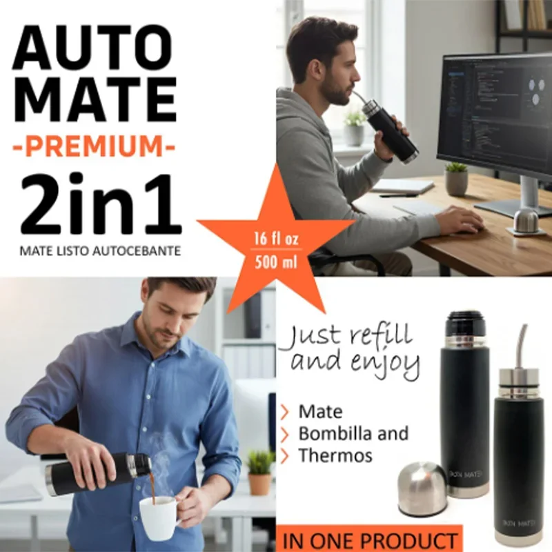 Selbstportierende Mate-Flasche aus Edelstahl, 2-in-1-Thermo-Mate-Becher mit integriertem Bombilla, Yerba Mate-Thermoskanne, alles in einem