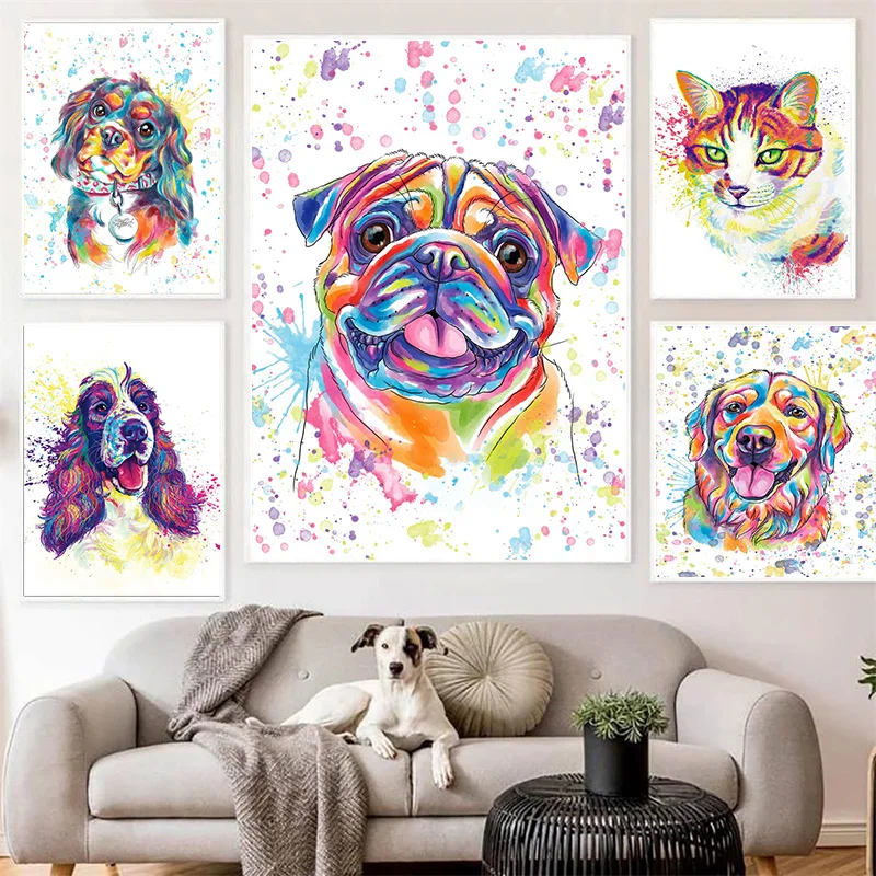 

Vintage Colored Cute Dogs Pug Cat Poster Print Canvas Painting Watercolor Animal Nordic Wall Art For Kid Room Home Decoration