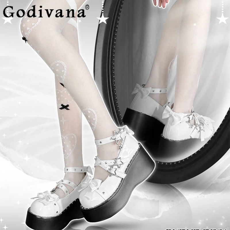 

Hot Girl Thick Bottom Punk Shoes Black White Cool Style Round Head Pumps Shoes Female Japanese Style Lolita Shoes