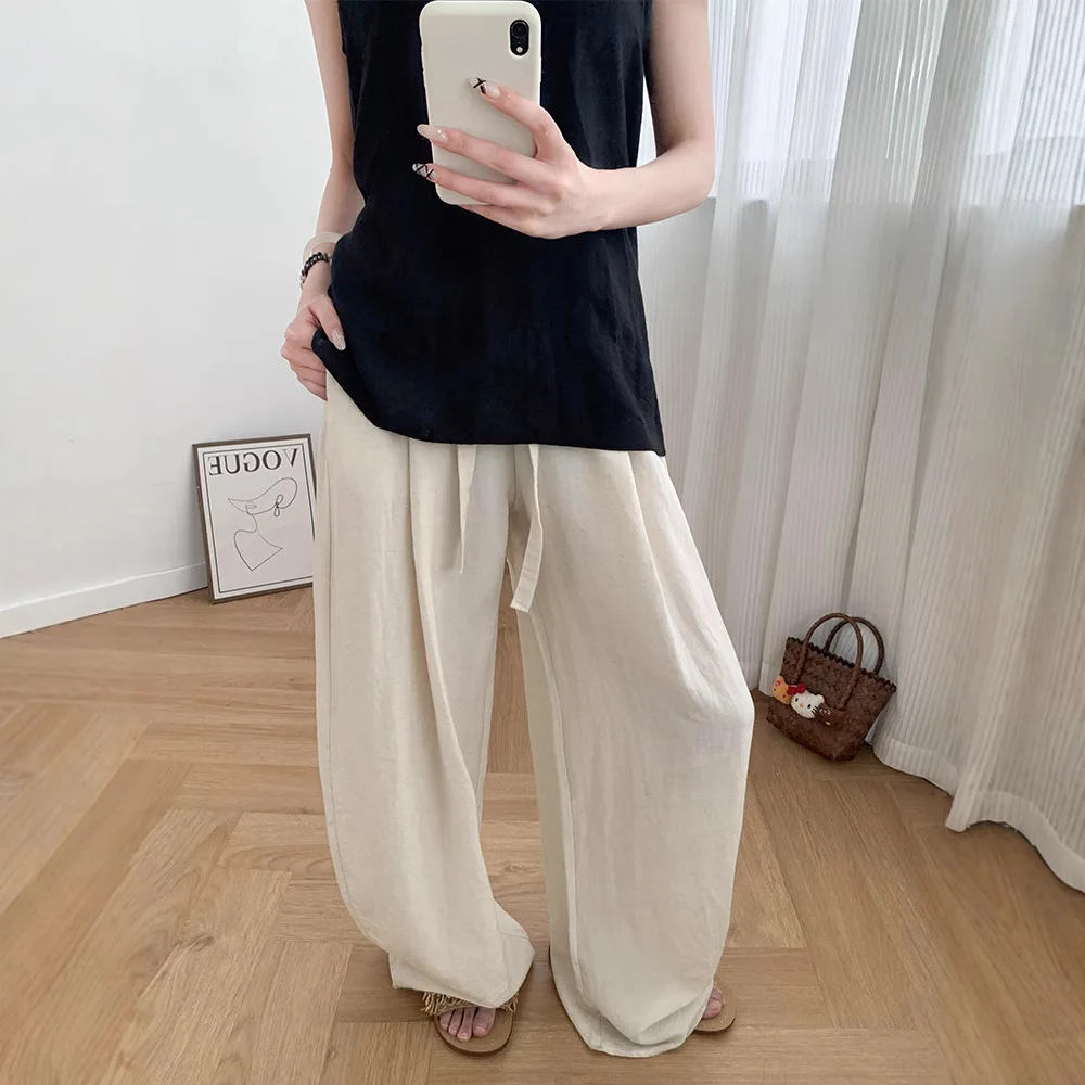 Full Length Drawstring Solid Color Trousers Women's Wide-leg Pants Summer Thin Linen Loose Straight Casual Baggy Pants Women