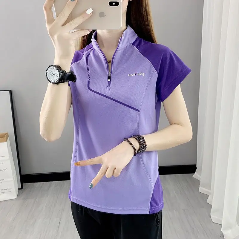 Women's Loose Breathable Sporty Short Sleeve T-shirt Stand Collar Half Zip Outdoor Mountain Climbing Shirt Running Top Summer