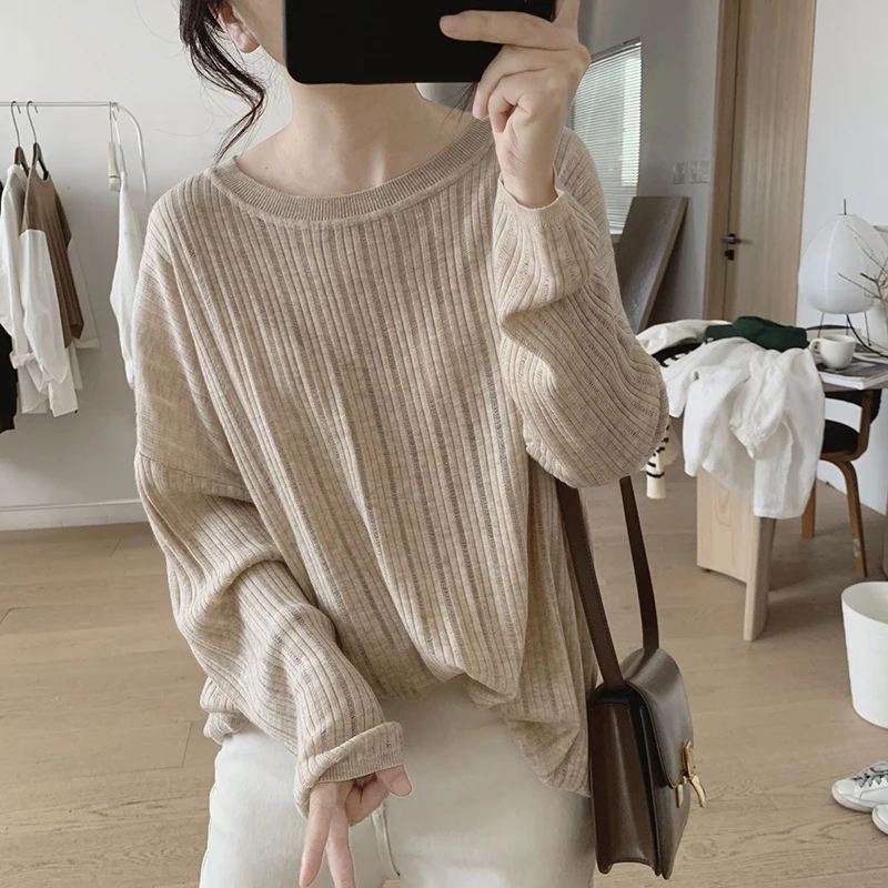 

Fashion O-Neck Knitted Solid Color Hollow Out T-Shirts Female Clothing 2024 Autumn New Loose All-match Tops Casual Tee Shirt