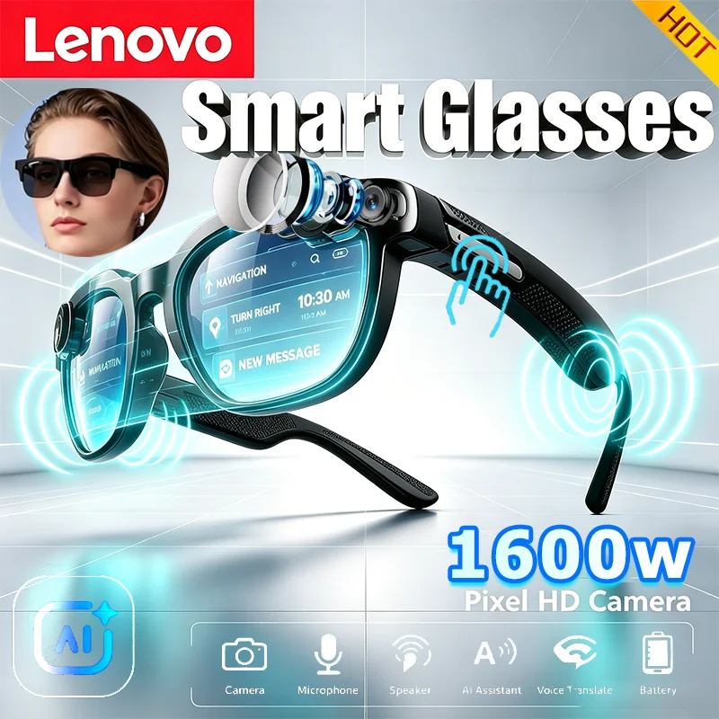 Óculos Inteligentes Lenovo 8K HD com Câmera, Reprodução de Música, Tradução por IA, Chamadas Mãos-Livres, Registro de Conversas por IA para Homens