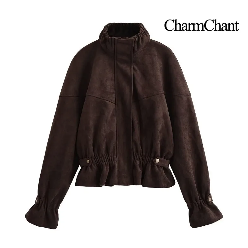 CHARMCHANT Women's Ruffle Hem Suede Jacket Smocked Funnel Neck Cropped Loose Bell Sleeve Vintage Fashion New Outerwear Fall 2026