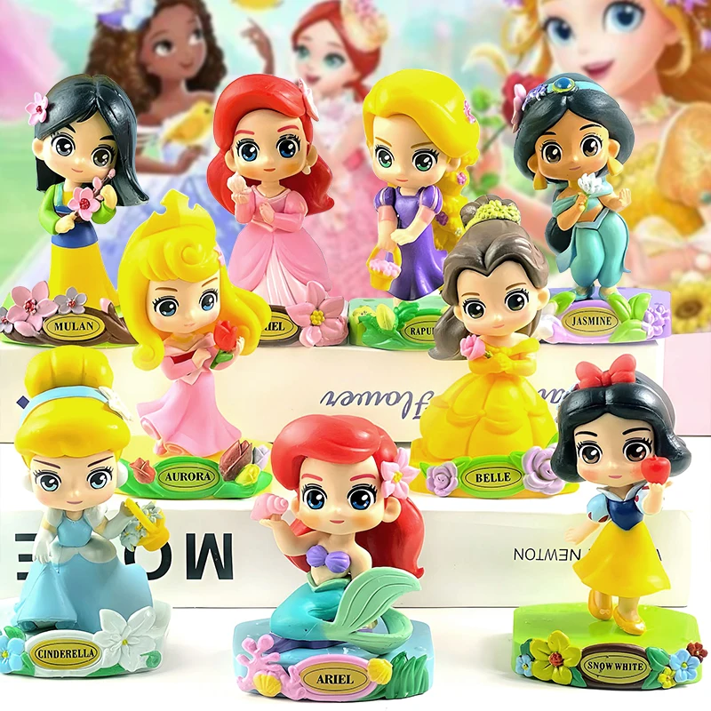 9pcs Disney Princess Anime Figures Set Mermaid Snow White Cinderella Q Version Model Dolls Collection Toys Girls Gift Decoration