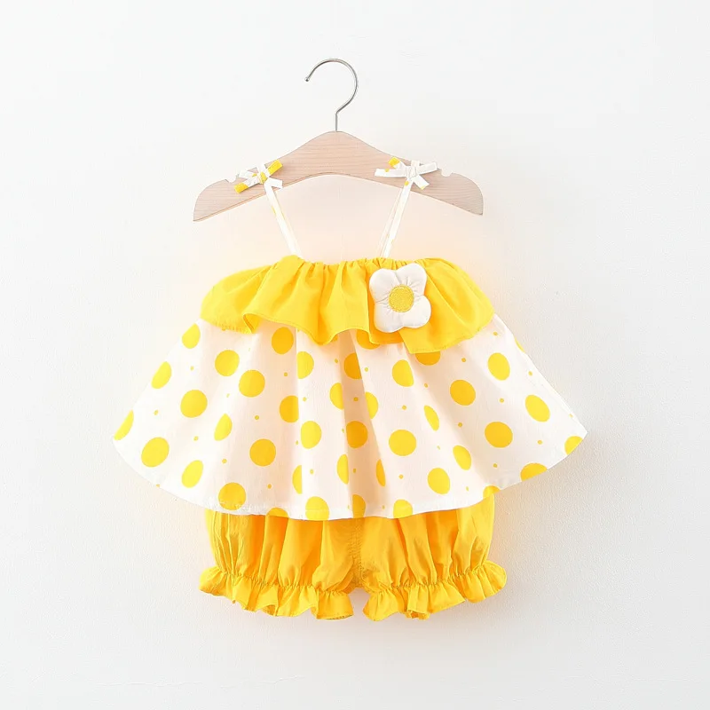 Summer new baby girls suit polka dot print suspender top solid color shorts cute casual holiday two-piece set