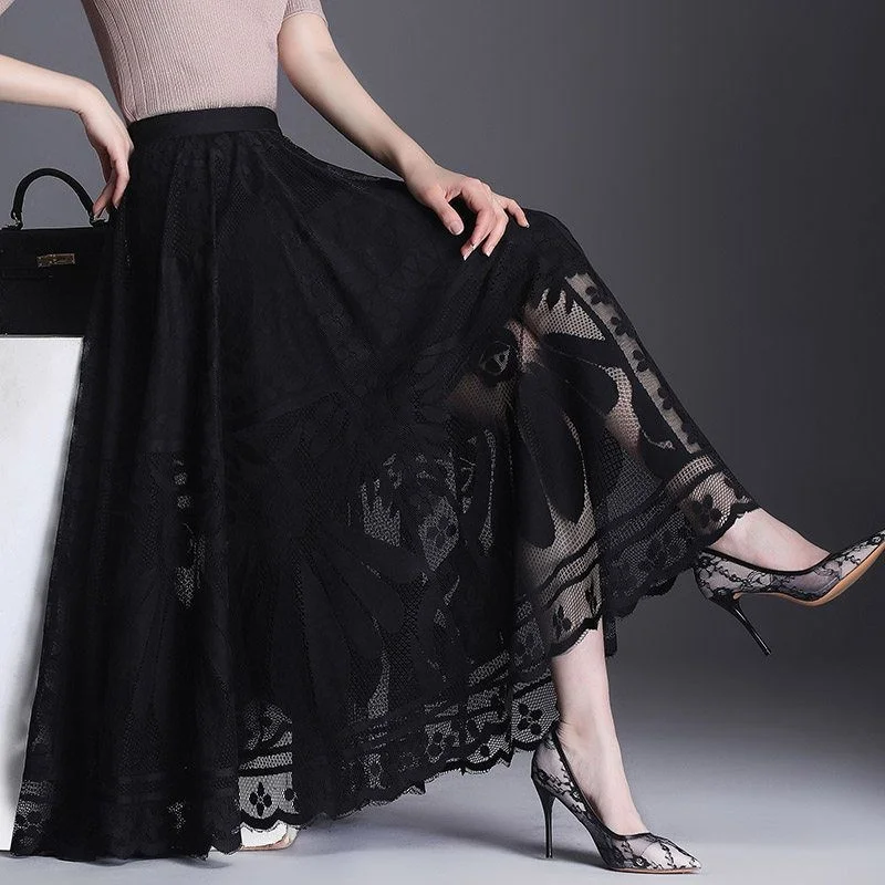 

Spring Summer New Sle A-Line Midi Skirt Women's Fairy Me Skirt Wide Hemline Pleated Skirt High Waist PU Material