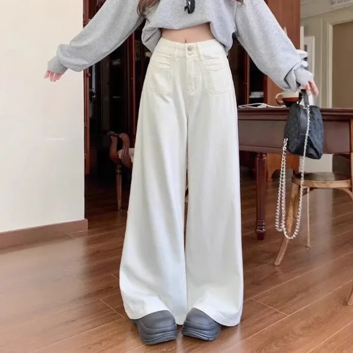 NICE Retro Double Buckle High Waist Wide Leg Straight Cut Jeans Women's Casual Trousers Autumn Fashion Design Sensation