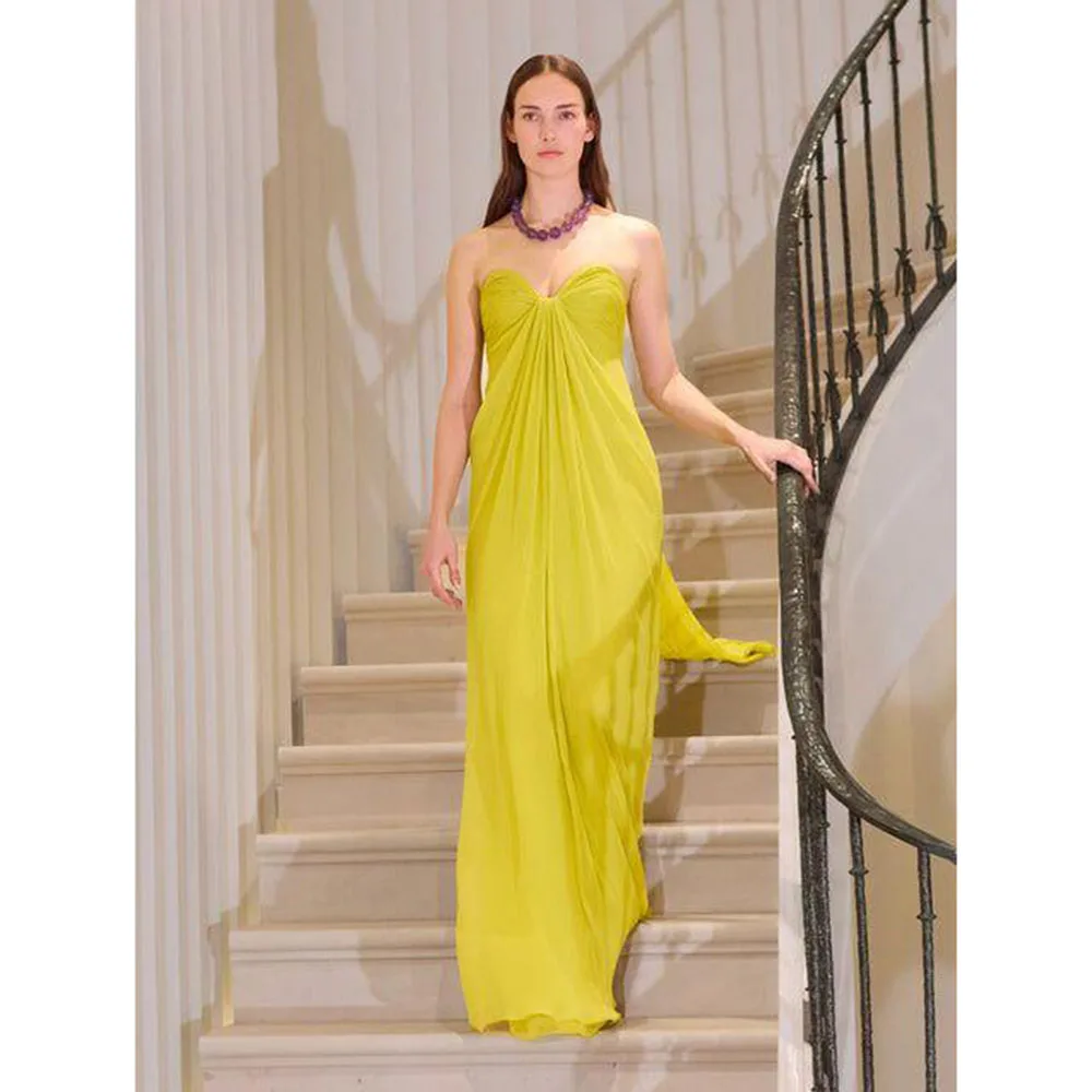 

Simple Yellow Evening Dresses Women Sleeveless High Quality Floor Length A Line Banquet Celebrity Prom Party Female Gowns