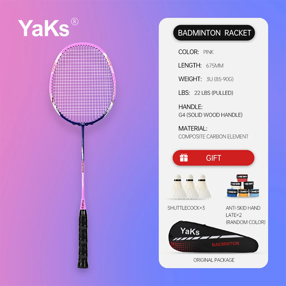 YaKs Official Authentic Brand 22 Pounds Badminton Carbon Racket 3U(85-90g) Badminton Racket G4 Finished Feather Racket Gifts