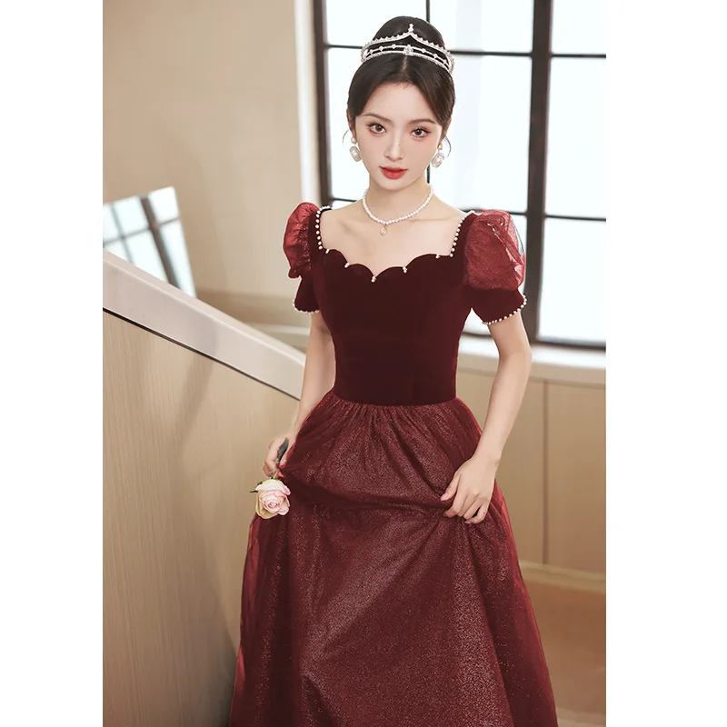 Toast Clothing Short Sleeves Floor-Length Wedding Dress Woman Burgundy Lace Up A-Line Party Formal Gown