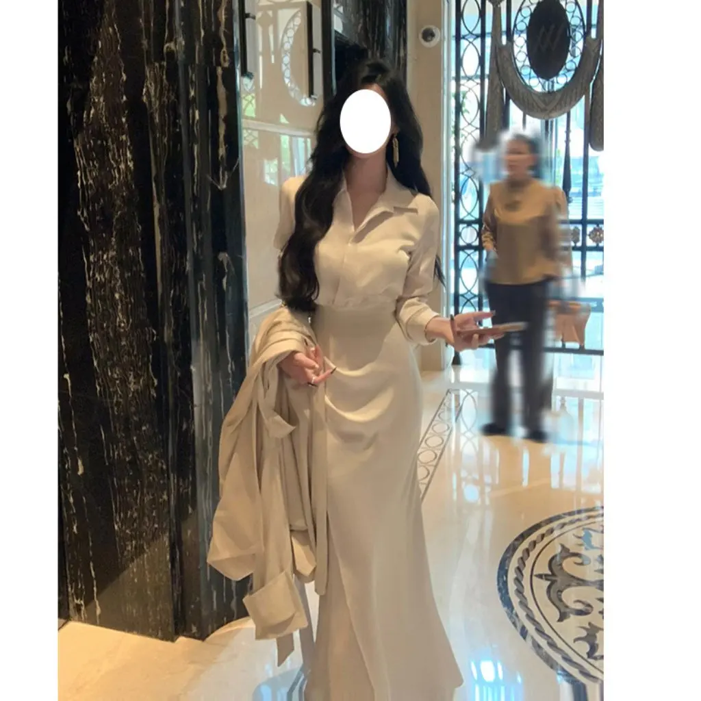 

French Style Women's Elegant Stretch Waist Slim Fit Shirt And Skirt Set Fashionable Fishtail Design Top And Bottom Ensemble