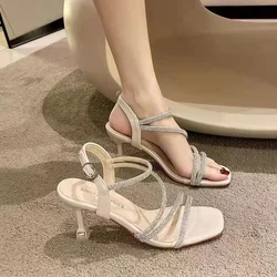 2024 French Rhinestone Sandals Fashion Fine Heel High Heel Sandals Women's Summer New Fairy Style Thin High Heels Shoes