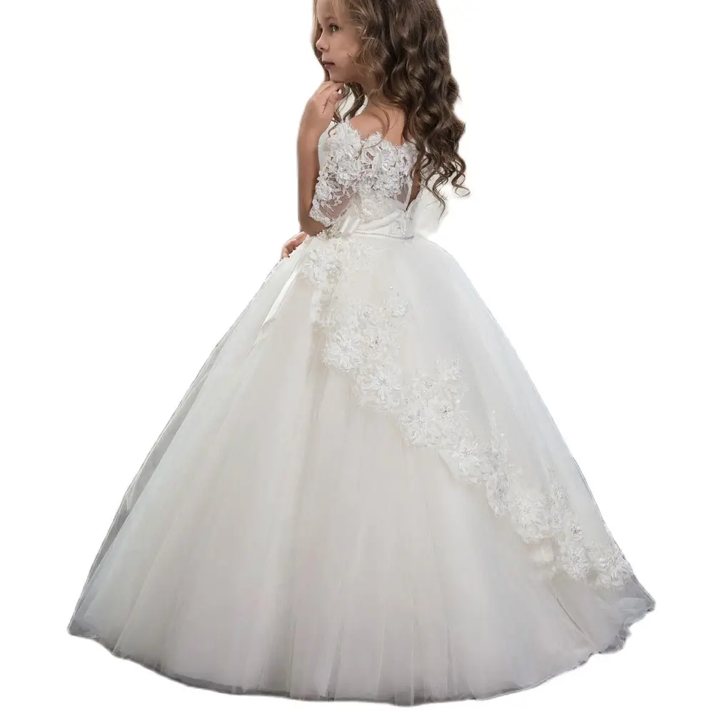 Flower Girl Dresses Formal Lace Sleeveless Ball Gown O-neck Beading First Communion Dresses for Girls Vestidos Longo New Arrival