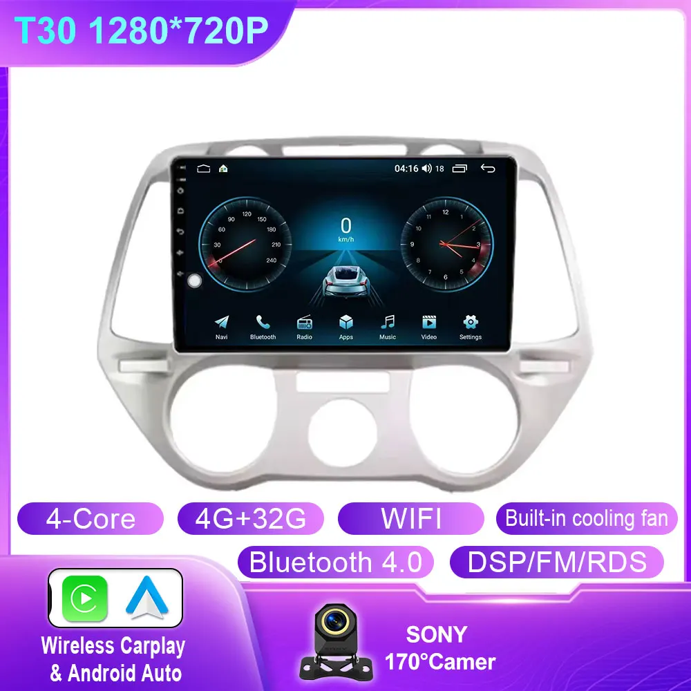 Android 14 Carplay Voor Hyundai i20 2008 2009 2010 2011 2012 Autoradio Stereo Multimedia Video Player DSP GPS 4G WIFI QLED Scherm