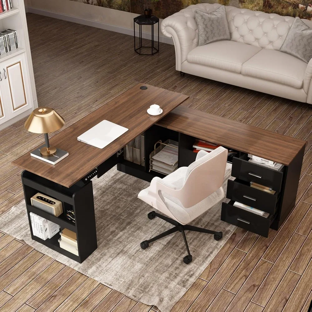 

63" W Height Adjustable Standing Desk with Drawers & Cabinet, Electric Stand up Desk with Storage, L Shaped Home Office Table C