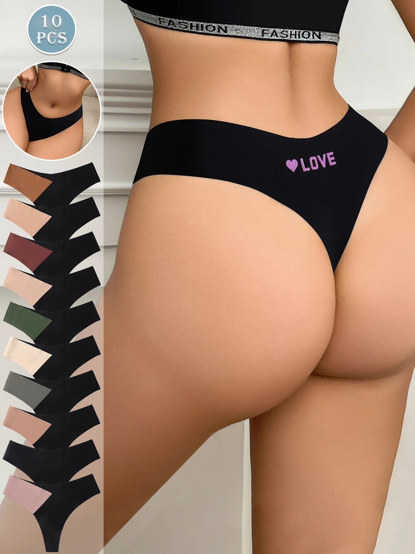 10 Pack Seamless Women's Thongs, Contrast Color Low Rise Soft Breathable No Show Invisible Daily Underwear